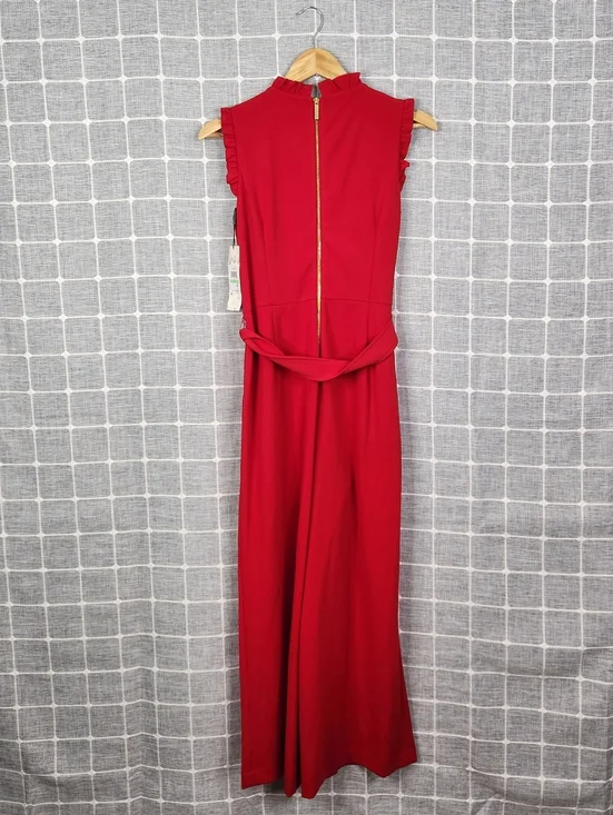 Calvin Klein Sleeveless Red Wide-Leg Jumpsuit with Waist Tie - Picture 5 of 8
